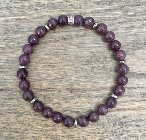 LEPIDOLITE Stretch Beaded Bracelet with silver, natural stone
