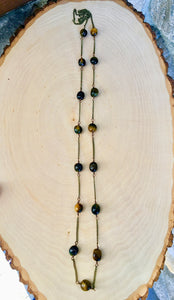 Tiger's Eye and Rustic Brass Long Layering Necklace, natural stone, 36"
