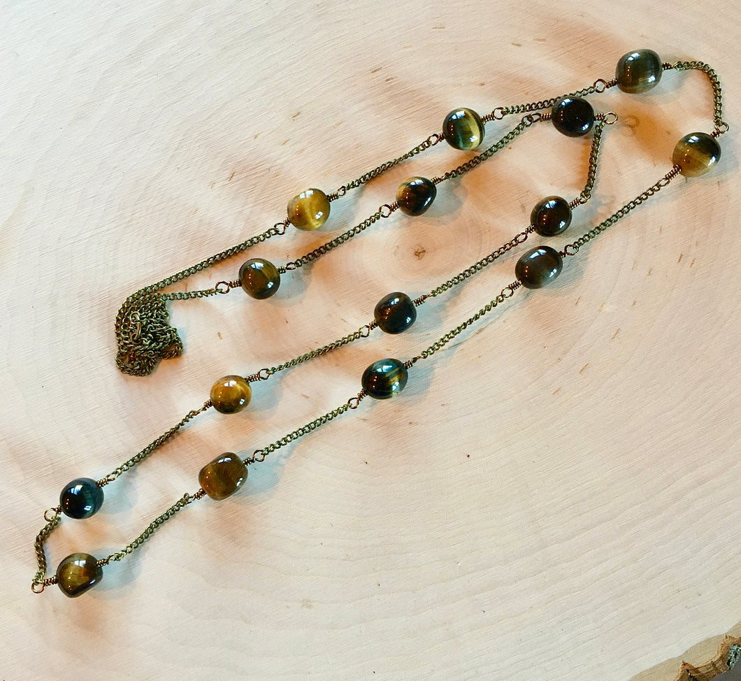 Tiger's Eye and Rustic Brass Long Layering Necklace, natural stone, 36