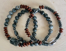 Larvikite & Mahogany Obsidian Beaded Bracelet Stack, stretch, natural stone