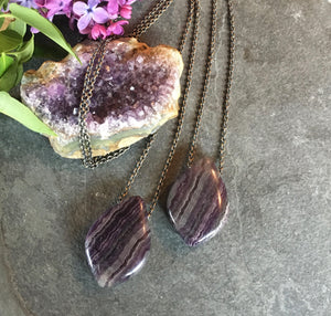 Banded Amethyst Pendant Necklace, 30", antiqued brass chain