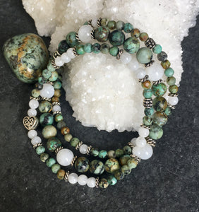 African Turquoise, Rainbow Moonstone & Selenite Stretch Bracelet Stack with heart, natural stone