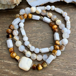 Blue Lace Agate & Tiger's Eye Beaded Bracelet Stack, stretch, natural stone