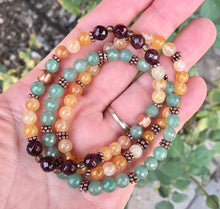 Red Garnet, Green & Yellow Aventurine Bracelet Stack with Copper, stretch, beaded, natural stone