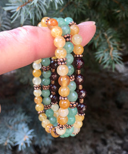 Red Garnet, Green & Yellow Aventurine Bracelet Stack with Copper, stretch, beaded, natural stone