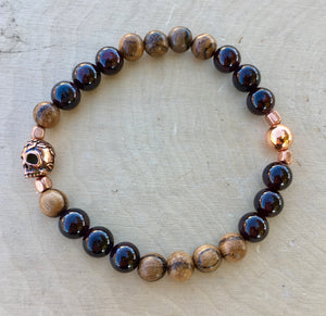 Men's Red Garnet, Tiger Skin Sandalwood & Copper Skull Beaded Stretch Bracelet, unisex