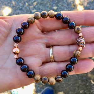 Men's Red Garnet, Tiger Skin Sandalwood & Copper Skull Beaded Stretch Bracelet, unisex