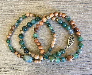 MOSS AGATE & SANDALWOOD Bracelet Stack, with Leaf, Stretch, Rustic Brass, Natural Stone Crystal Gemstone