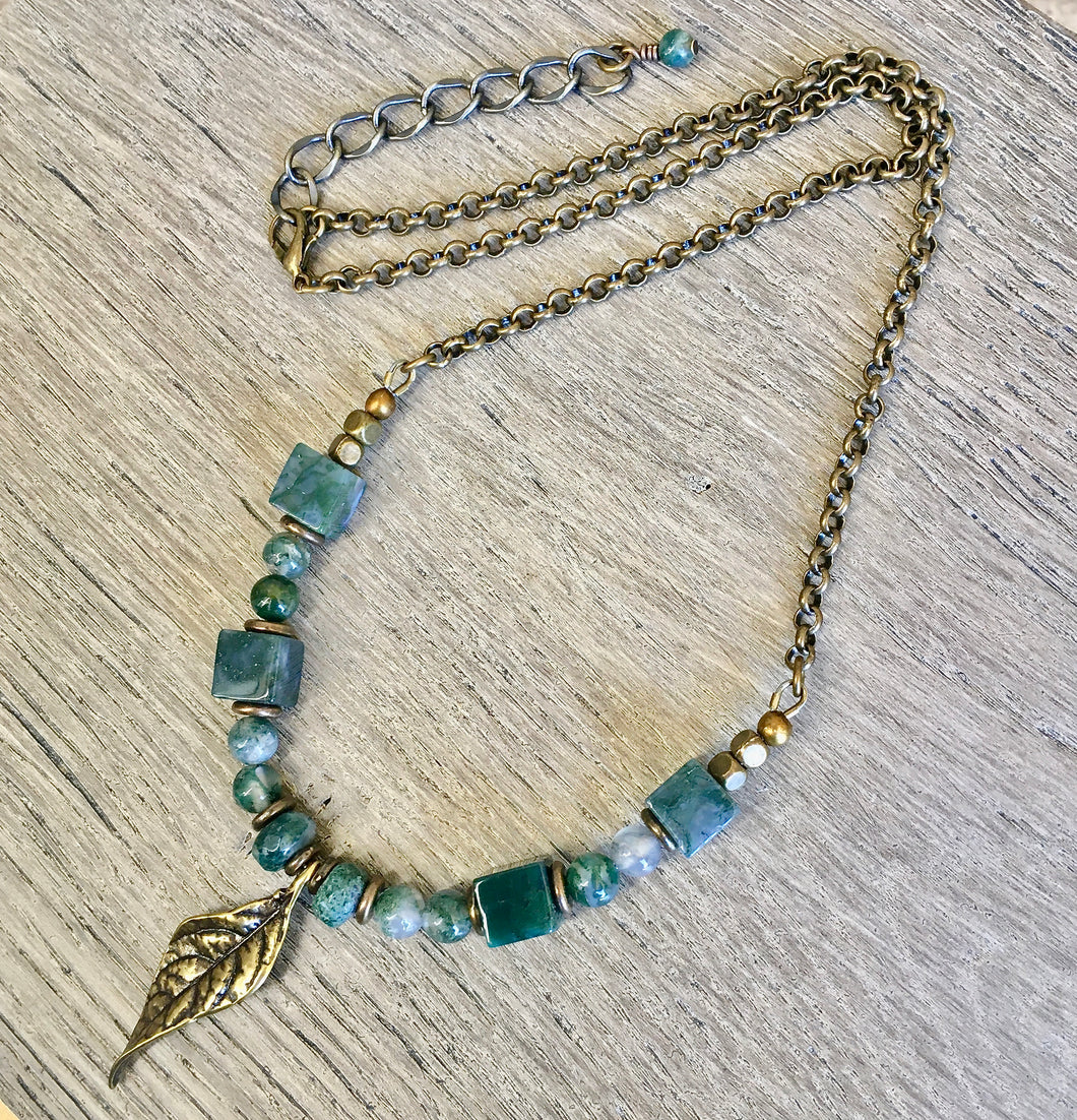 MOSS AGATE Beaded Necklace with Antiqued Brass Leaf, natural stone, adjustable 14-20