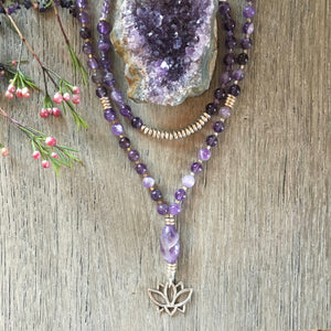 Magical Amethyst and Lotus Pendant Necklace 20", natural purple gemstone