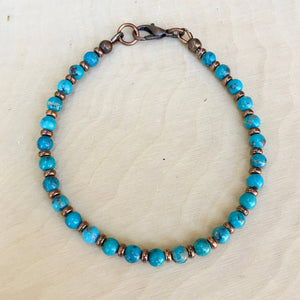 KINGMAN BLUE TURQUOISE & Copper Bracelet, Beaded with Clasp, 4mm Minimalist, Genuine Arizona Natural Stone, Gemstone Crystal