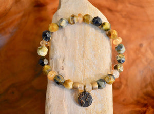 Tiger's Eye & Citrine Stretch Bracelet with Earth Charm, unisex, natural stone