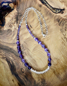 Amethyst and Sterling Silver Necklace 17”, natural purple gemstone