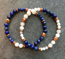 Lapis Lazuli, Rainbow Moonstone & Copper Stretch Bracelet Stack, Natural Stone Crystal Gemstone