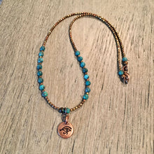 TURQUOISE & COPPER NECKLACE with Eye of Horus Charm, 17", Beaded, Genuine Natural Stone Crystal Gemstone