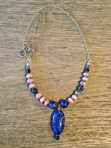 Lapis Lazuli, Rhodochrosite, Silver Necklace 17", pink & blue natural stone