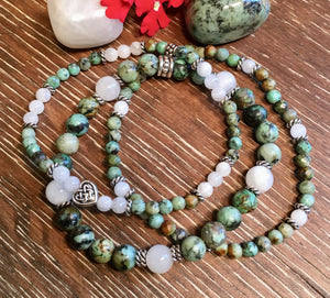 African Turquoise, Rainbow Moonstone & Selenite Stretch Bracelet Stack with heart, natural stone