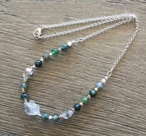 Moss Agate & Herkimer Diamond Necklace with silver, 17" natural stone