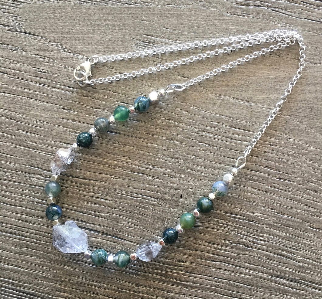 Moss Agate & Herkimer Diamond Necklace with silver, 17
