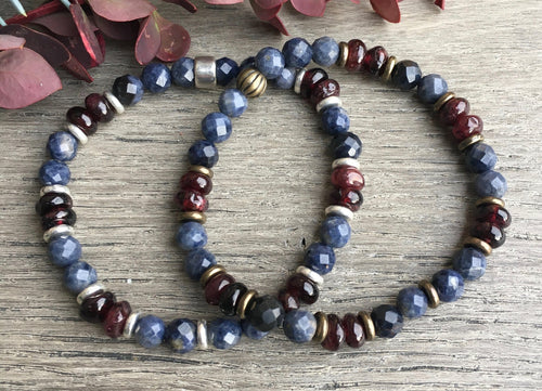 Blue Sapphire & Red Garnet Stretch Bracelet - natural stone - choice of silver or brass