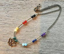 CHAKRA GEMSTONE NECKLACE with Lotus Blossom, Choice Sterling Silver or Brass, Beaded Crystal Stone, 18"