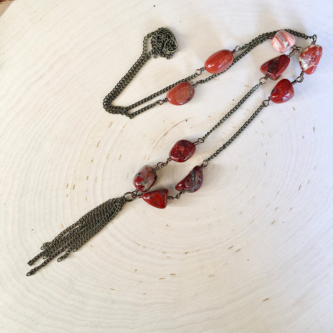 Red Jasper & Rustic Brass Tassel Beaded Necklace, 28
