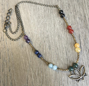 CHAKRA GEMSTONE NECKLACE with Lotus Blossom, Choice Sterling Silver or Brass, Beaded Crystal Stone, 18"