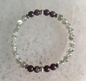 LEPIDOLITE & LABRADORITE Stretch Beaded Bracelet, natural gemstone, silver