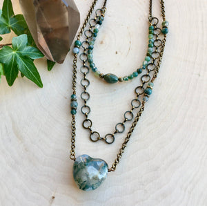 MOSS AGATE HEART Layered Necklace with Antiqued Brass Chain, natural stone