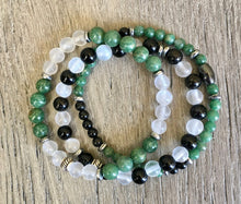 African Green Jade, Black Onyx & Selenite Stretch Bracelet Stack, natural stone