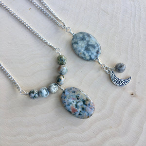 OCEAN JASPER Gray Pendant Necklaces, Celtic moon, 18", sterling silver chains, choice