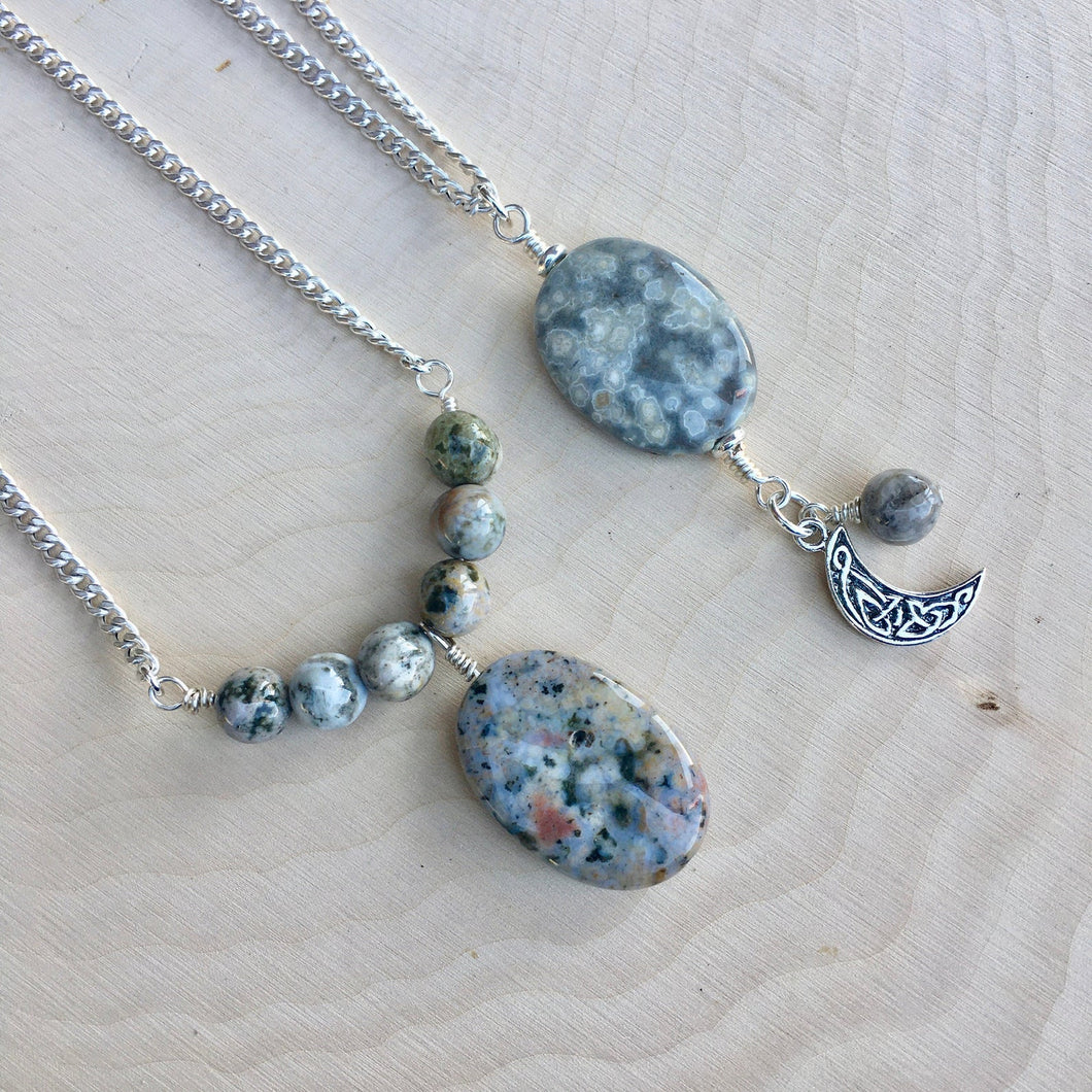 OCEAN JASPER Gray Pendant Necklaces, Celtic moon, 18