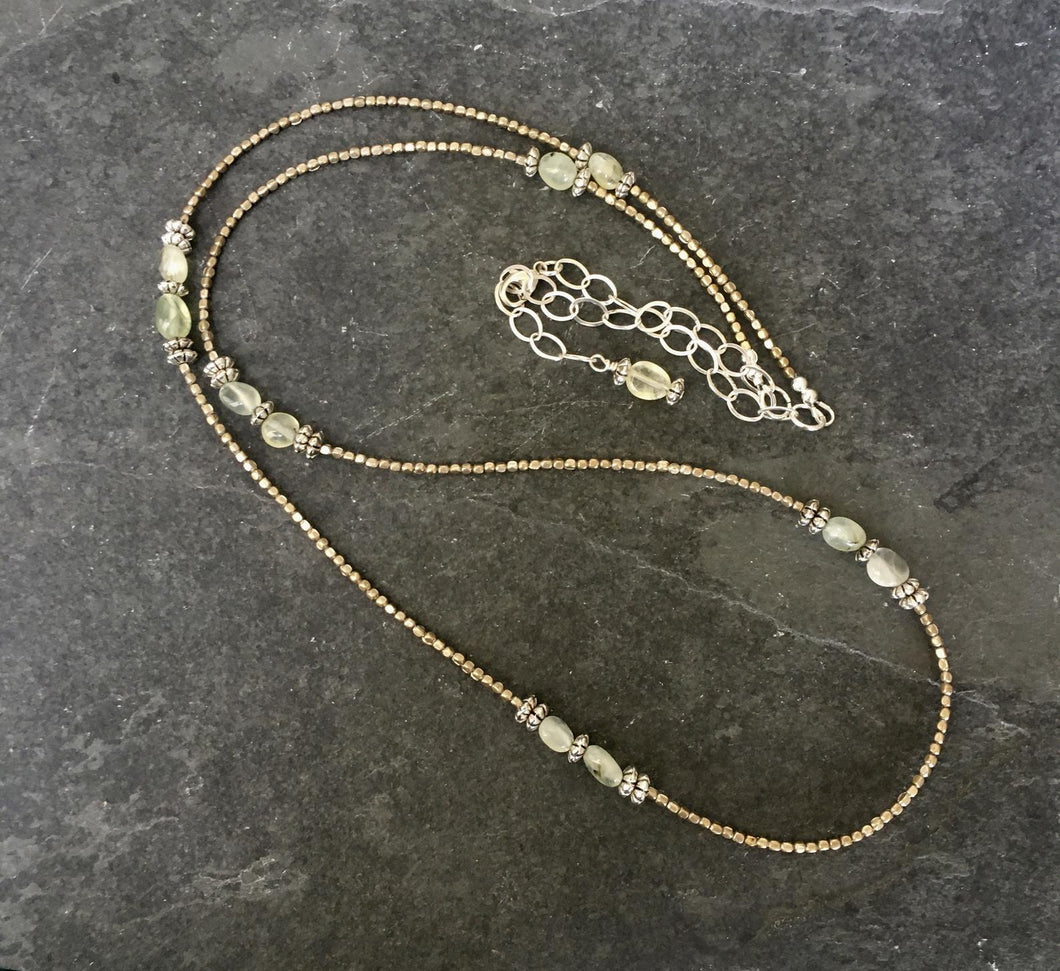Prehnite, Pewter & Silver Beaded Necklace, 32