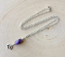 Purple Amethyst & Lotus Flower Sterling Silver Necklace, 22", natural stone