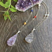 Amethyst Druzy Pendant Necklace with Chakra or Labradorite beads, choice, 20", lavender or gray