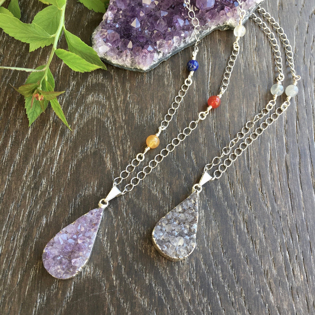 Amethyst Druzy Pendant Necklace with Chakra or Labradorite beads, choice, 20