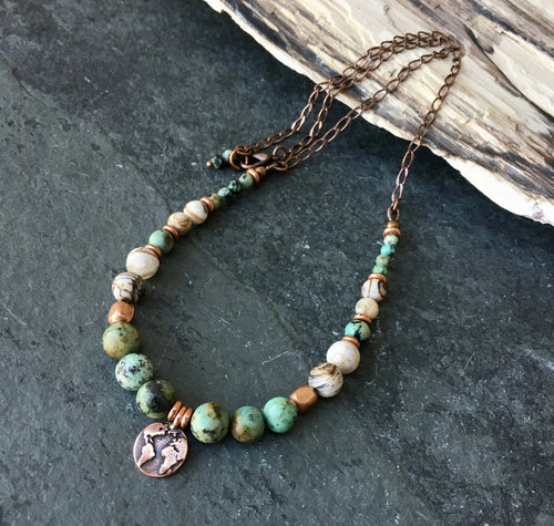 AFRICAN TURQUOISE & Opalized Petrified Wood NECKLACE with Copper and Earth Charm, Choice, 16