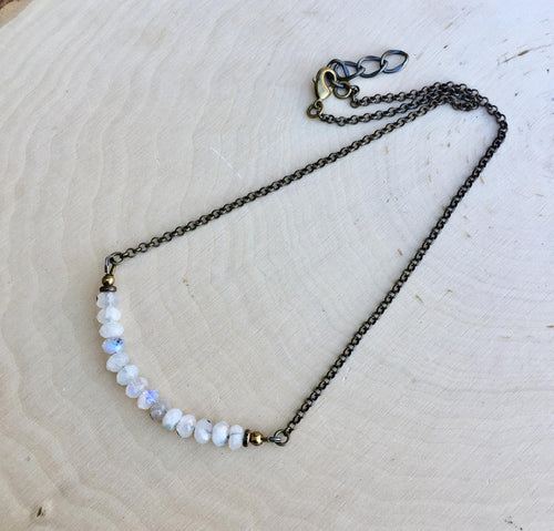 RAINBOW MOONSTONE NECKLACE, Minimalist Beaded, Antiqued Brass Chain 14