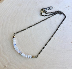 Rainbow Moonstone Beaded Necklace with Antiqued Brass Chain 14"-18"