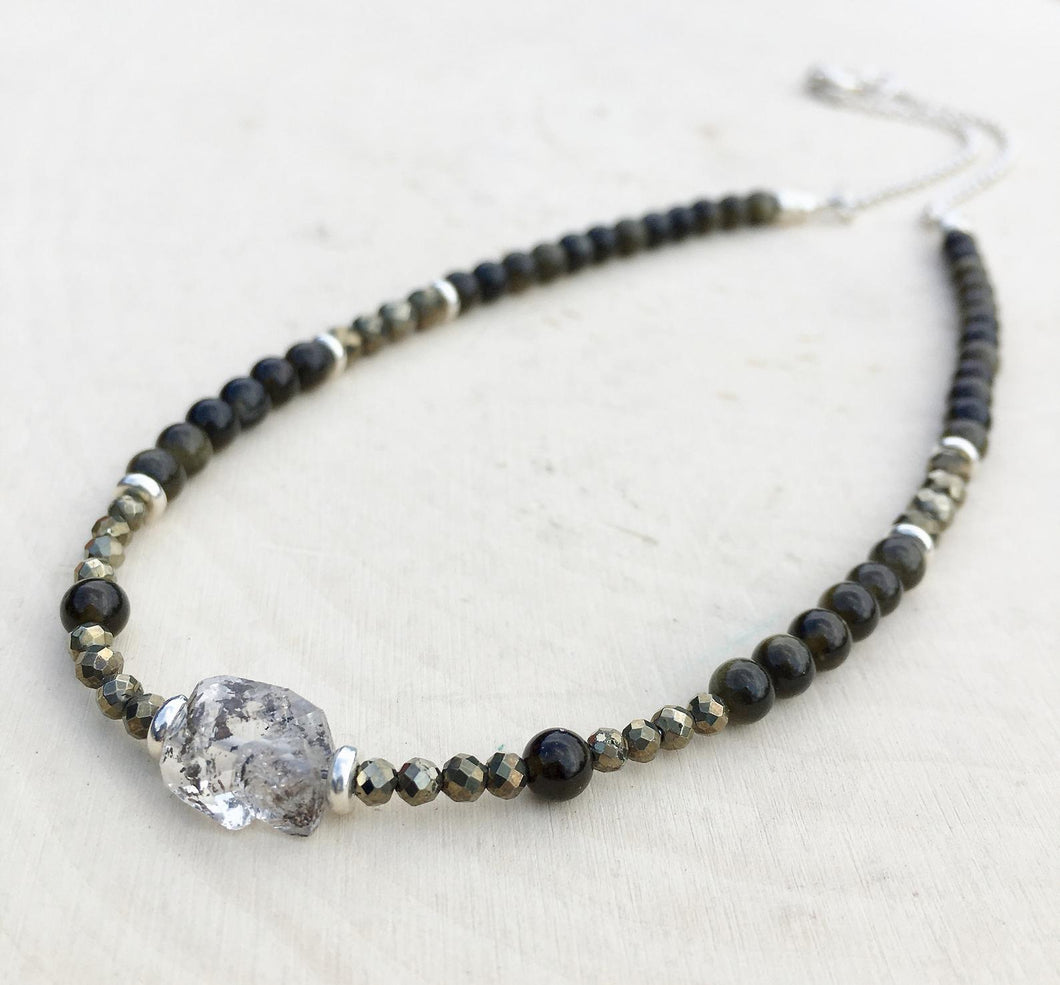 HERKIMER DIAMOND NECKLACE with Gold Sheen Obsidian & Pyrite, Beaded, Silver, Natural Stone Crystal Gemstone, 16