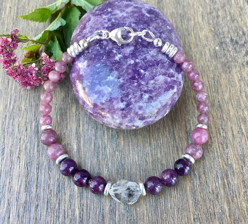 LEPIDOLITE & HERKIMER DIAMOND BRACELET Silver, Beaded, Clasp, Natural Stone Gemstone