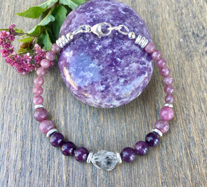 LEPIDOLITE & HERKIMER DIAMOND BRACELET Silver, Beaded, Clasp, Natural Stone Gemstone