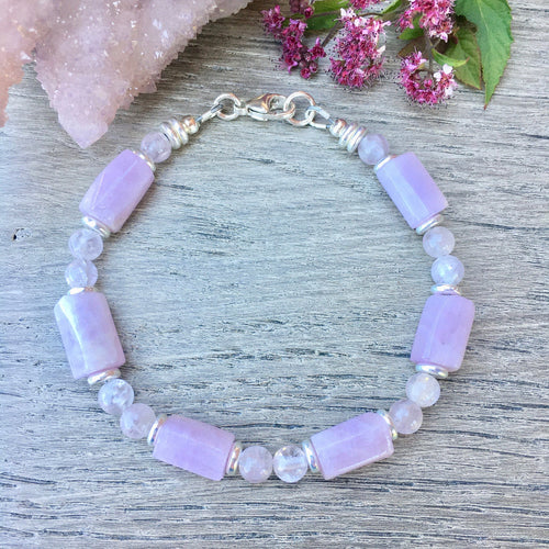 VIOLET KUNZITE BRACELET with Silver, Clasp Beaded, Natural Stone Gemstone Crystal