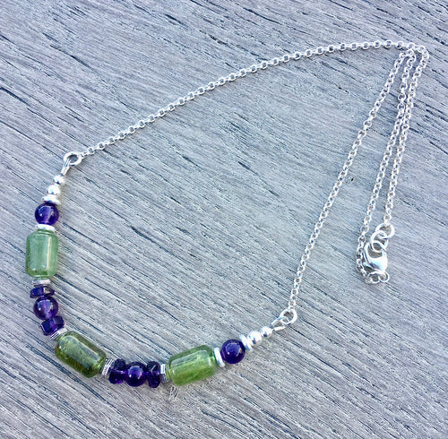 GREEN GARNET & AMETHYST Necklace, Sterling Silver Chain, Beaded Natural Stone Gemstone Crystal