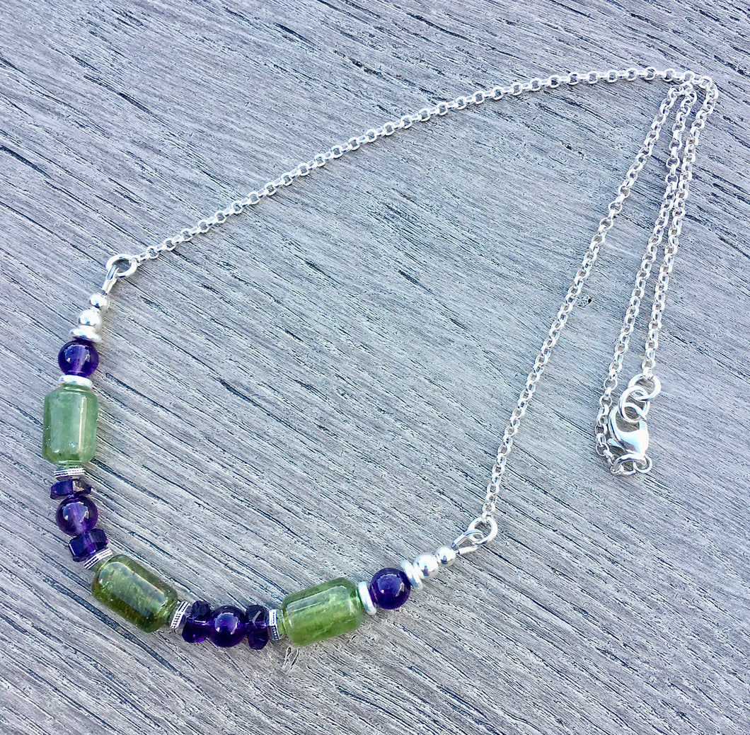 Green Garnet & Amethyst Necklace, silver, beaded natural stone, 16