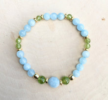 AQUAMARINE & PERIDOT Beaded Stretch Bracelet, gold accents, March August birthstone, natural stone