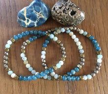 Blue Apatite, Aquamarine & Pyrite Bracelets, choice or stack, stretch, natural stone crystal