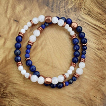 Lapis Lazuli, Rainbow Moonstone & Copper Stretch Bracelet Stack, Natural Stone Crystal Gemstone