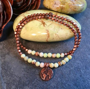 Green Opal & Copper Beaded Stretch Bracelet, natural stone