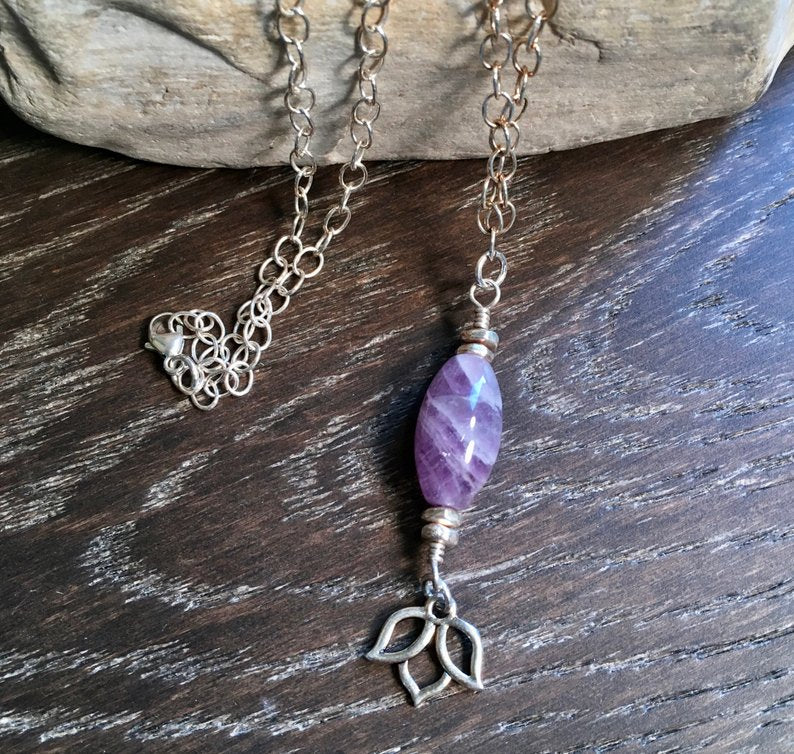 Purple Amethyst & Lotus Flower Sterling Silver Necklace, 22